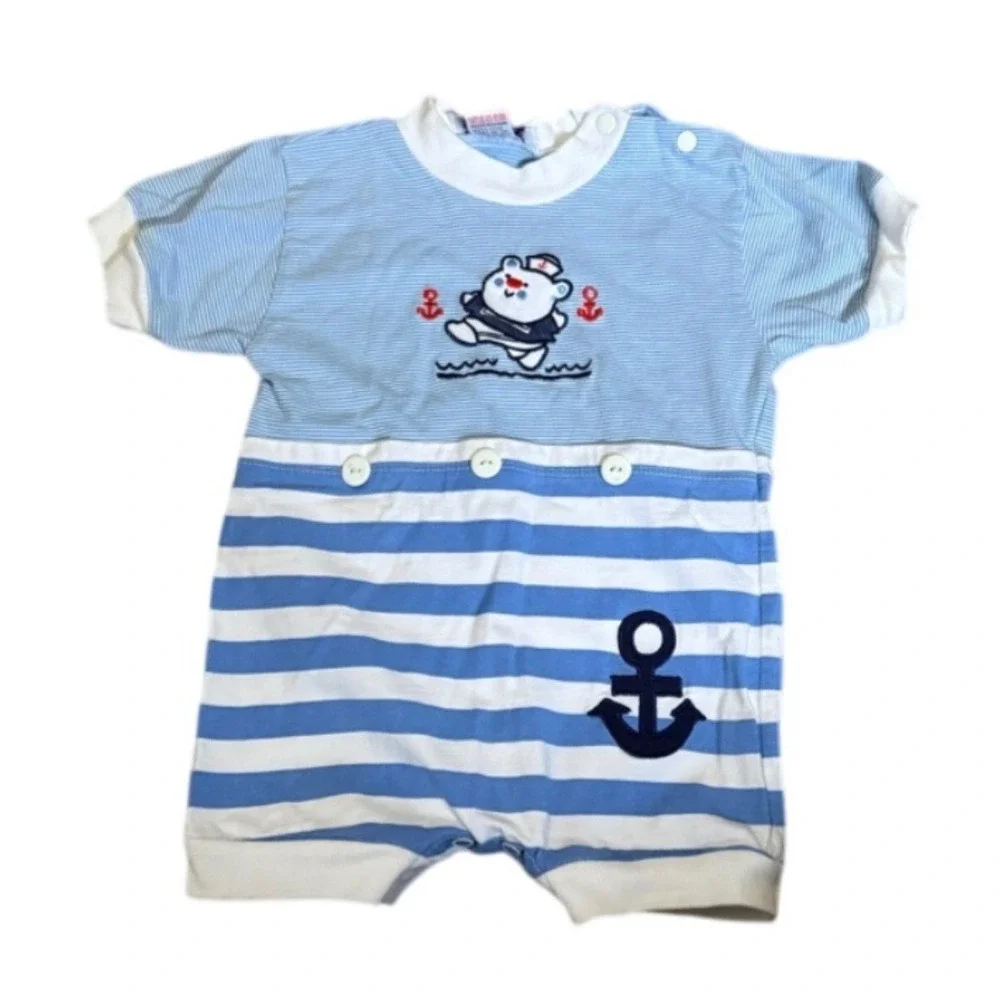Vintage Doe Spun Baby Boy Nautical Sailor Bear Striped Romper Blue 3-6 Months